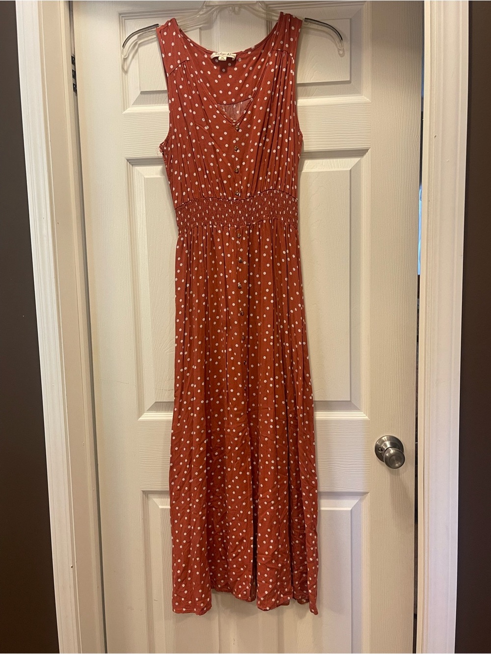 Rust Polka Dot Maxi Dress - Sleeveless, Smocked Waist